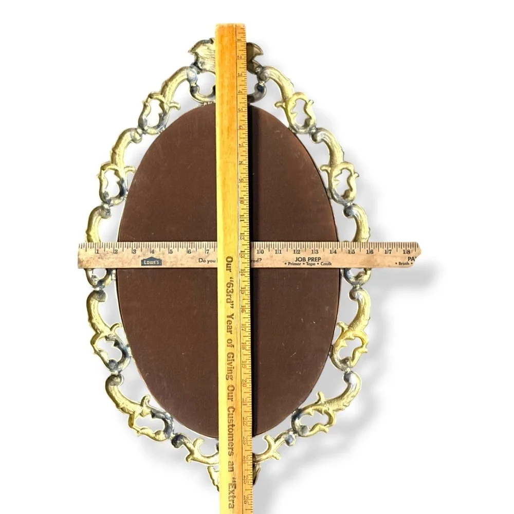 Vintage Solid Brass Baroque Wall Mirror Ornate Heavy Oval Regency Decor MCM
